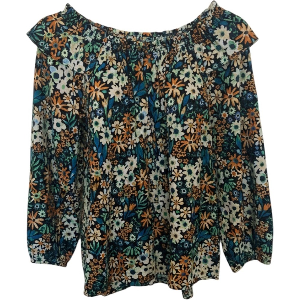Cottage core  Blouse Womens XL Multicolor Floral Smocked Off Shoulder Cotton